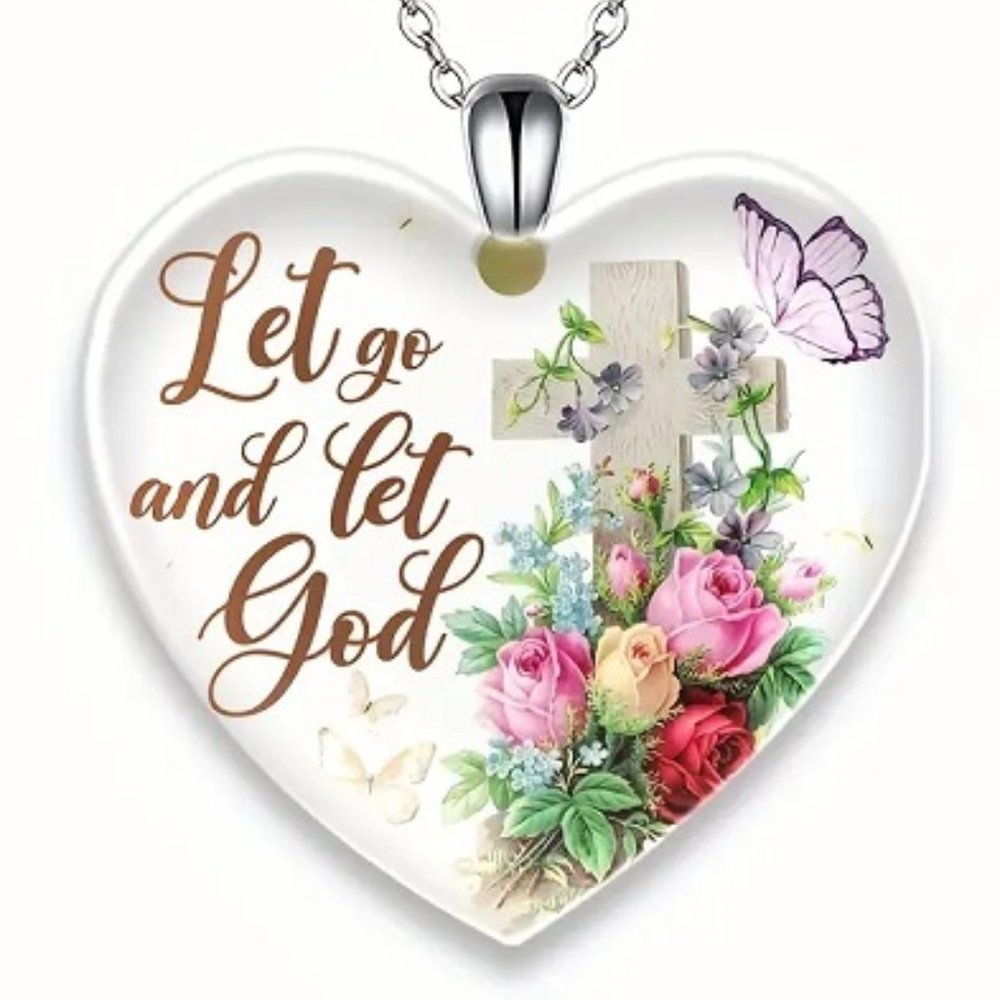 Butterfly Flower Cross Detail Heart Shape Pendant Necklace